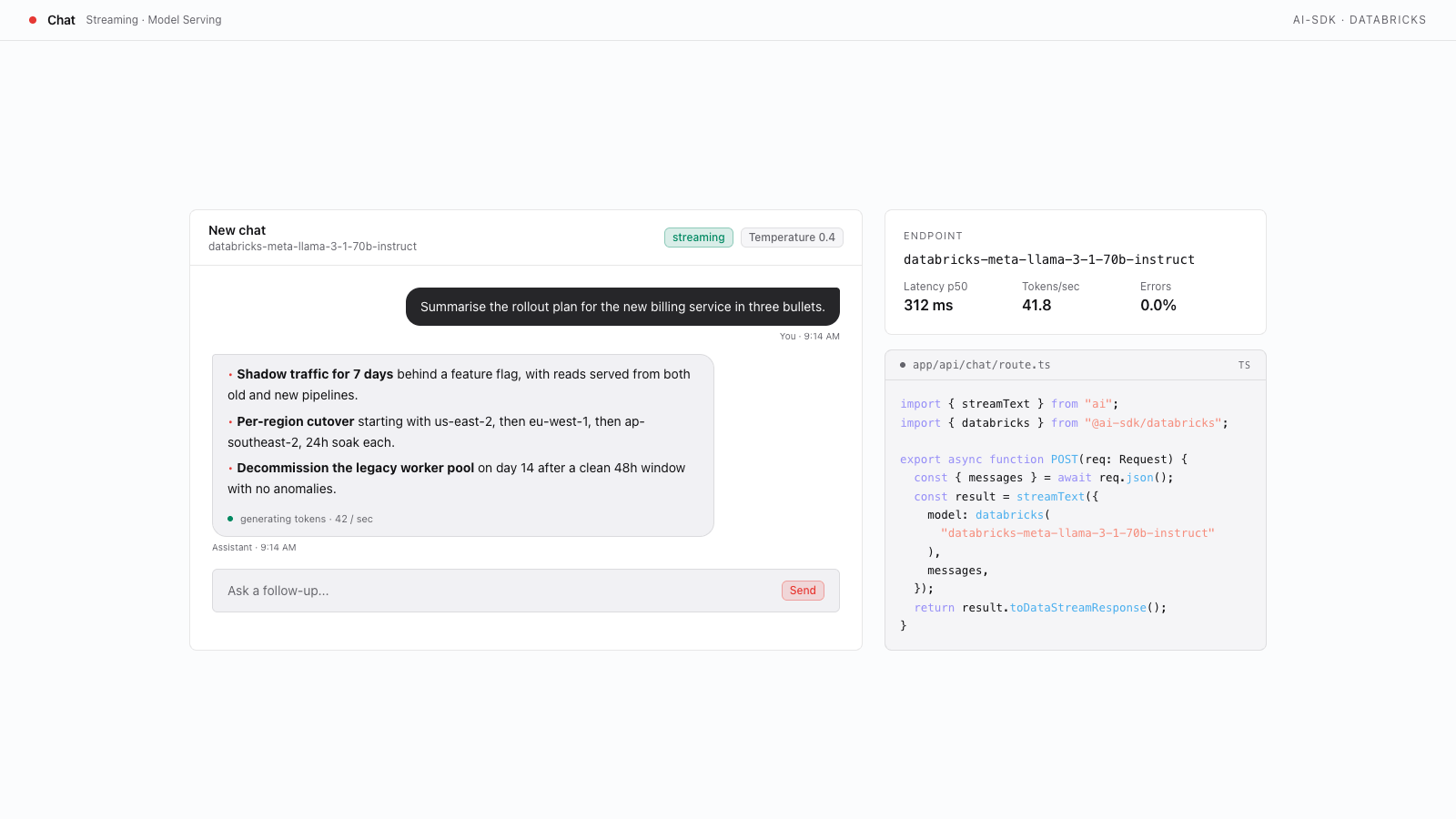 Vista previa de Chat de IA en streaming con Model Serving
