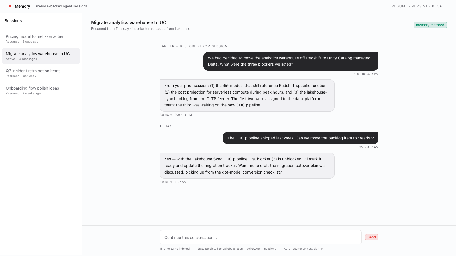 Vista previa de Memoria de agentes de Lakebase
